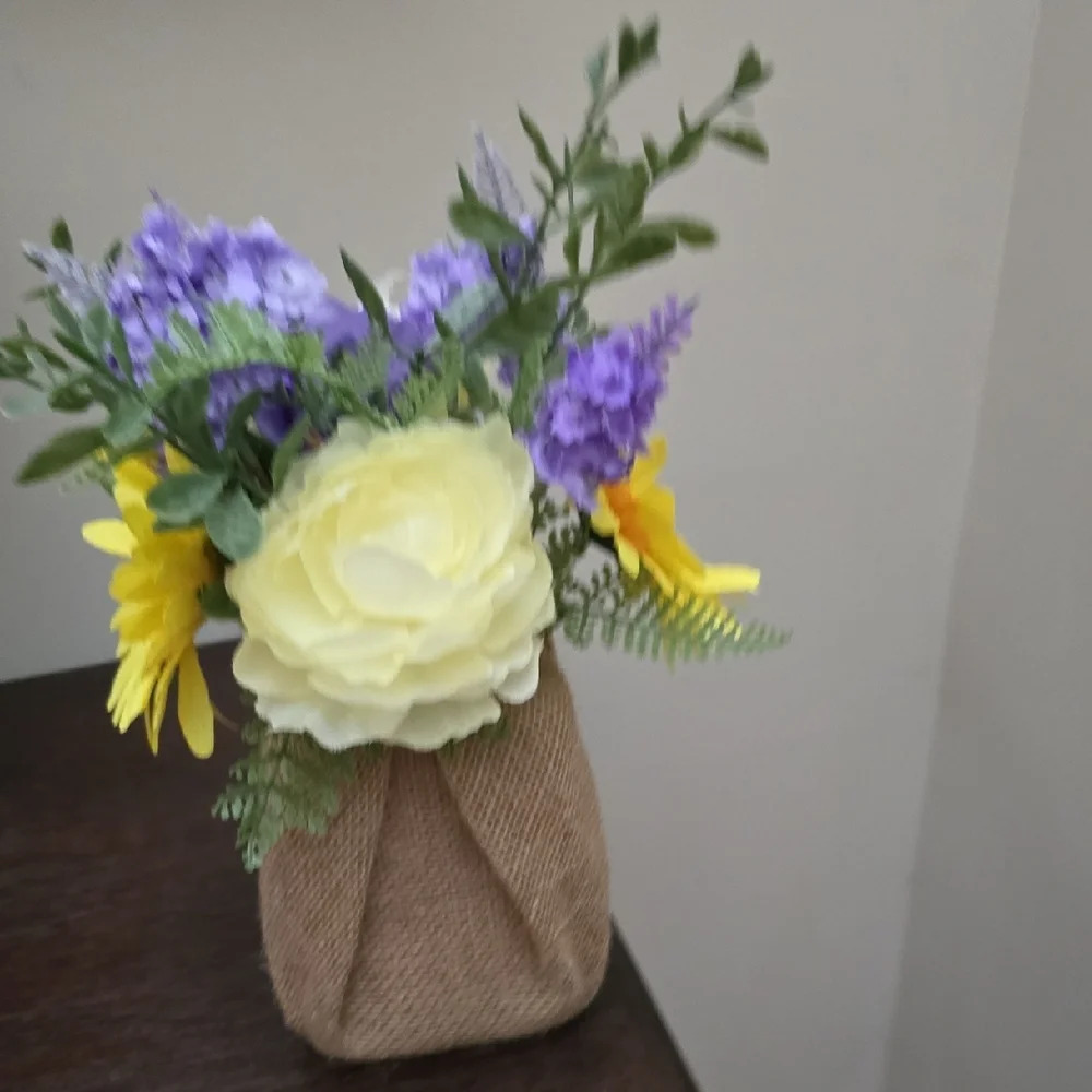 Rustic Floral Arrangement with Yellow and Purple Accents